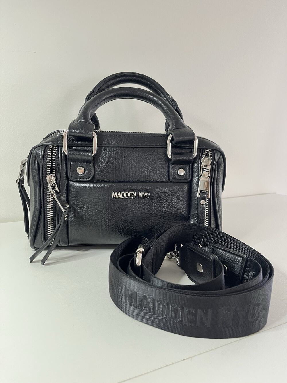 Y2K Madden NYC Women's Multi Zipper Barrel Mini Handbag Black W Shoulder Strap